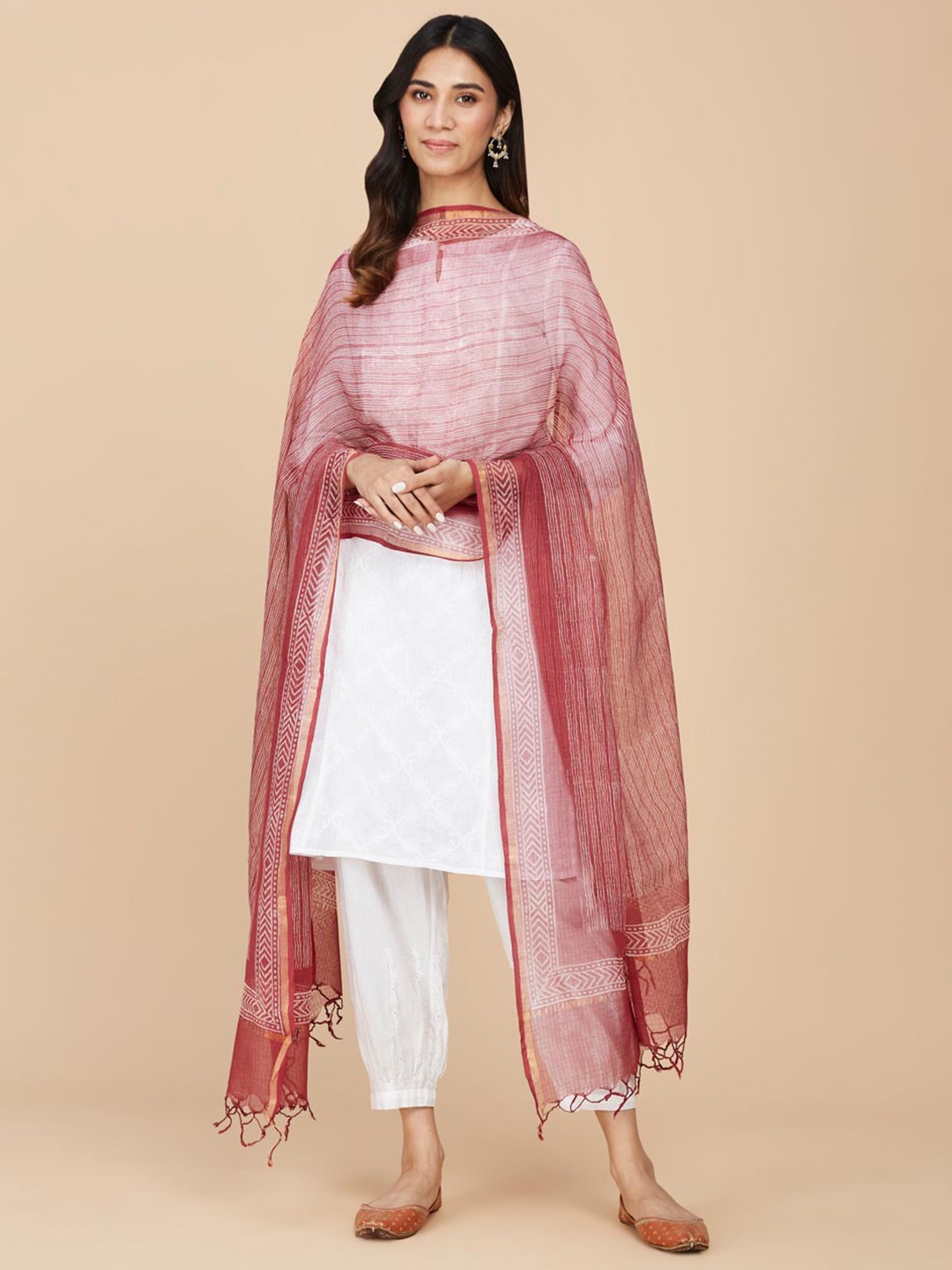

Fabindia Printed Cotton Silk Block Print Dupatta, Red