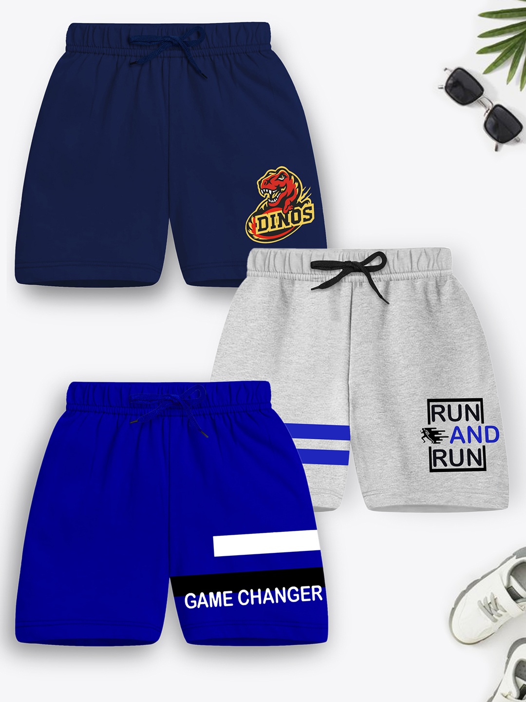 Trampoline Boys Pack Of 3 Typography Printed Shorts, Navy blue