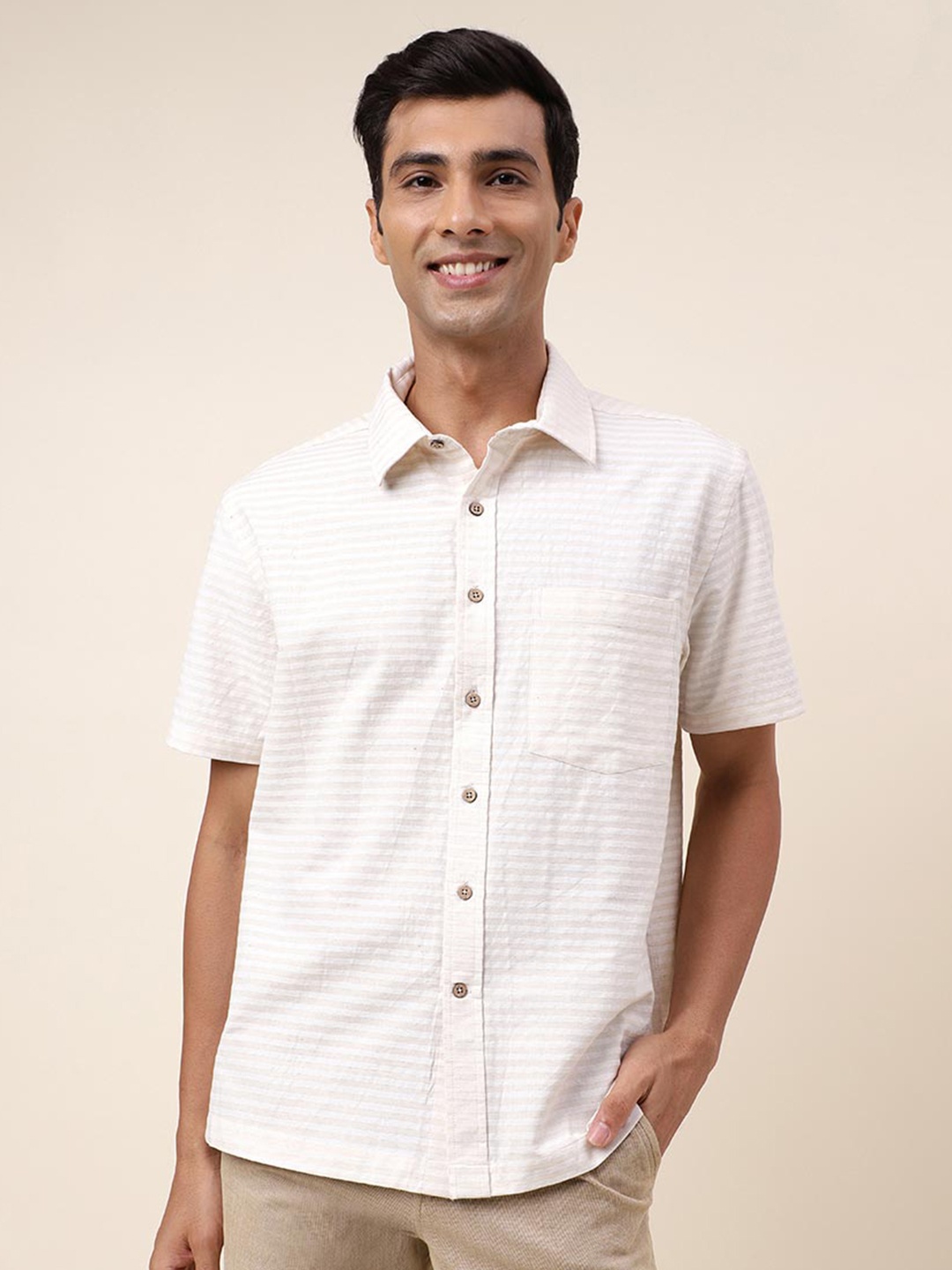 

Fabindia Regular Fit Horizontal Stripes Striped Cotton Casual Shirt, Off white