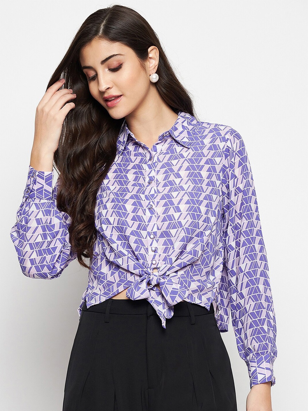 

Madame Geometric Printed Tie-Ups Opaque Casual Shirt, Purple