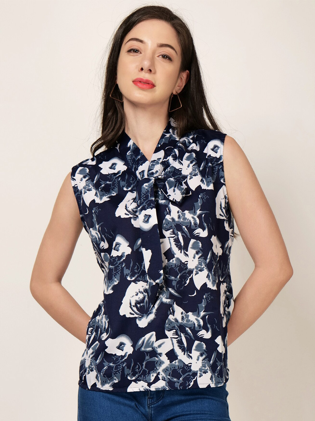 

PATRORNA Abstract Printed Tie-Up Neck Top, Blue