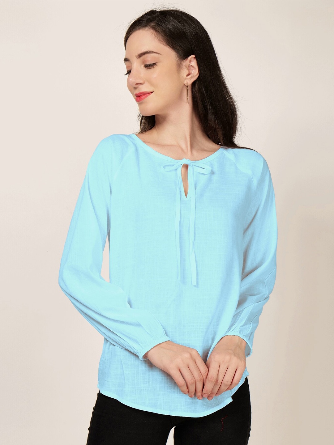 

PATRORNA Tie-Up Neck Raglan Sleeves Top, Blue
