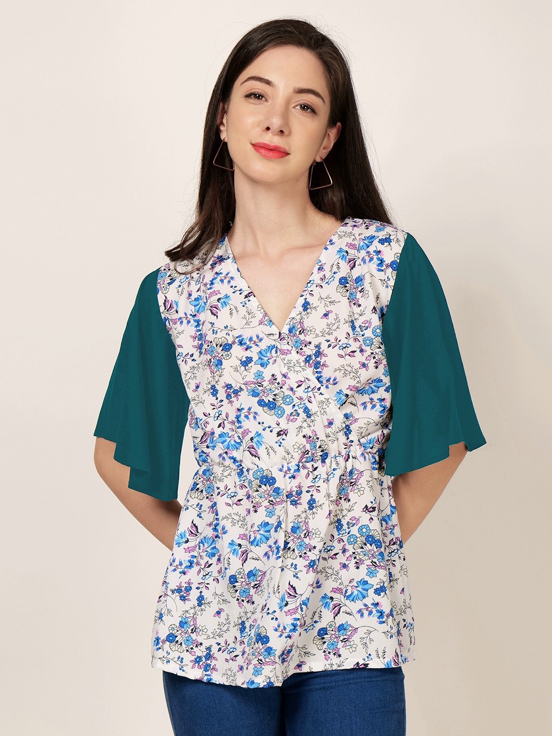 

PATRORNA Floral Printed Flared Sleeve Wrap Top, Green
