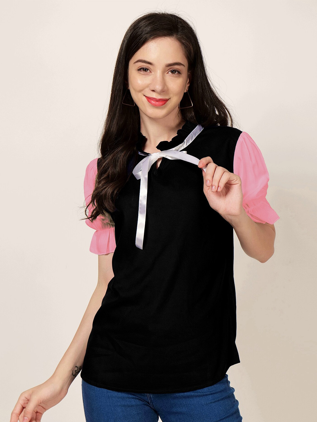 

PATRORNA Tie-Up Neck Ruffled Puff Sleeves Top, Black