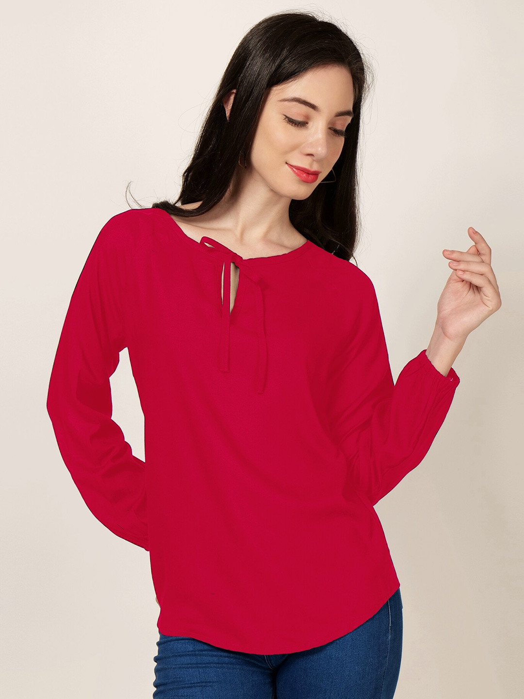 

PATRORNA Tie-Up Neck Puff Sleeves Top, Pink