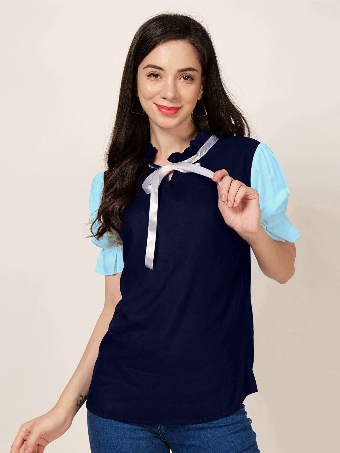 

PATRORNA Tie-Up Neck Puffed Sleeves Top, Navy blue