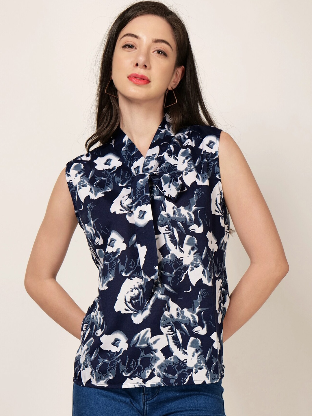 

PATRORNA Floral Printed Tie-Up Neck Shirt Style Top, Navy blue