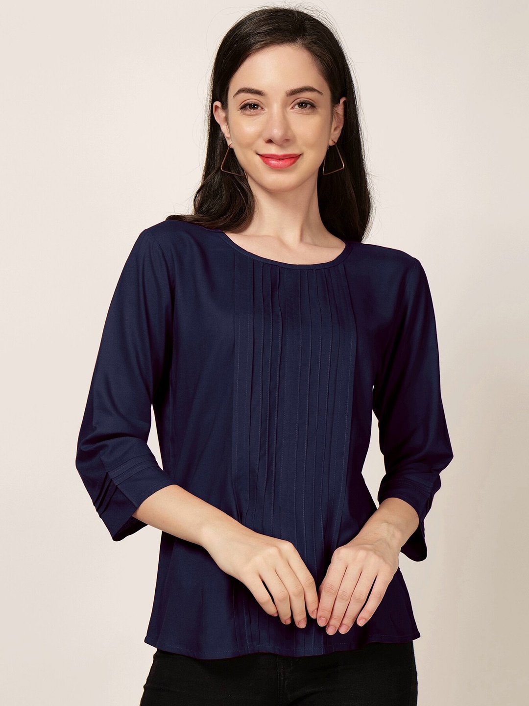 

PATRORNA Pleated Boxy Top, Navy blue