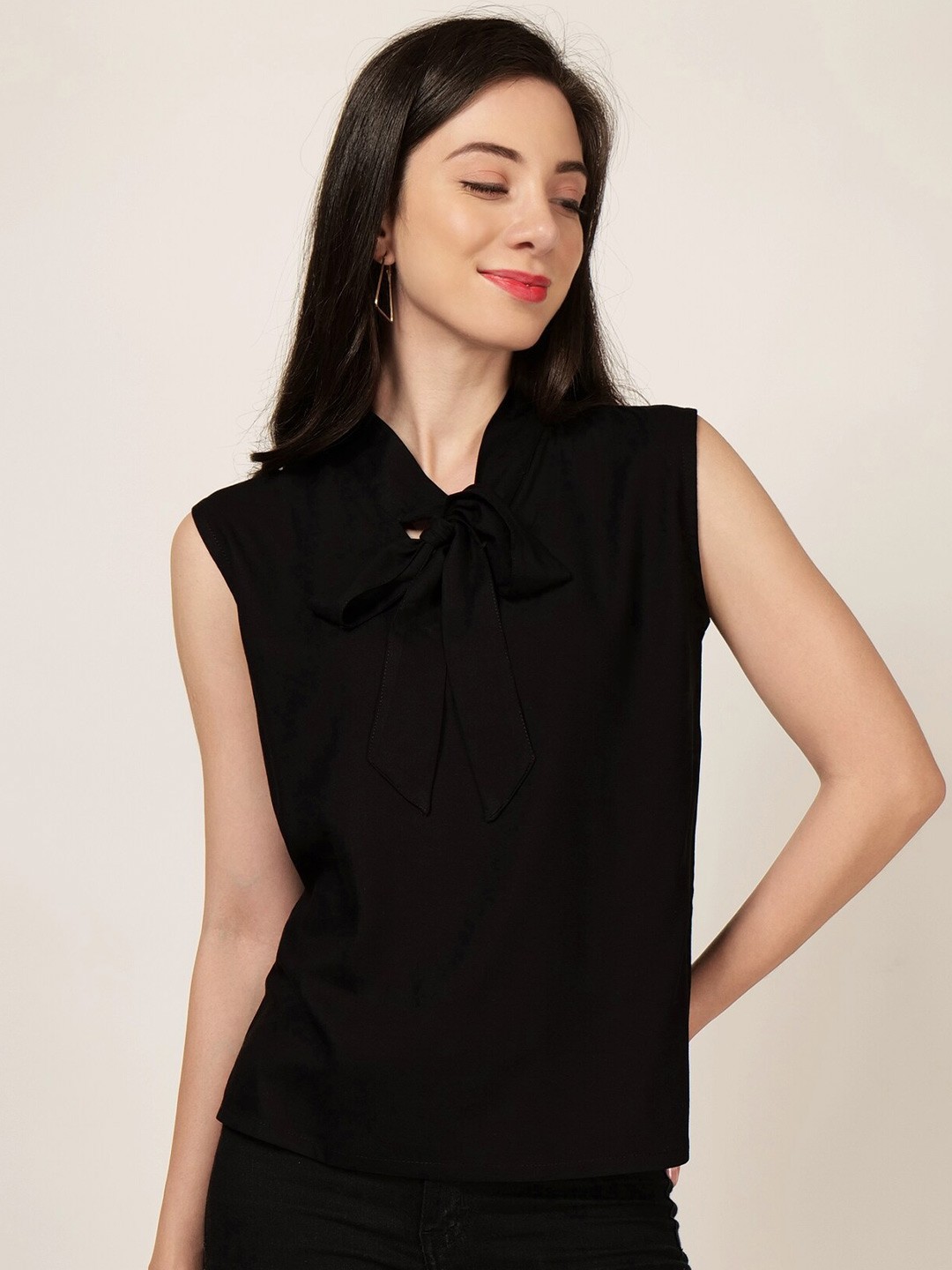 

PATRORNA Tie Up Neck Sleeveless Cotton Top, Black