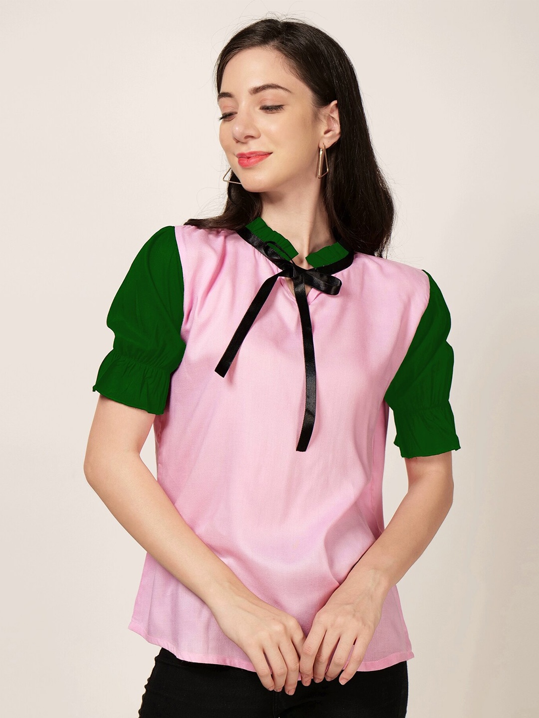 

PATRORNA Tie-Up Neck Puff Sleeves Ruffles Top, Pink