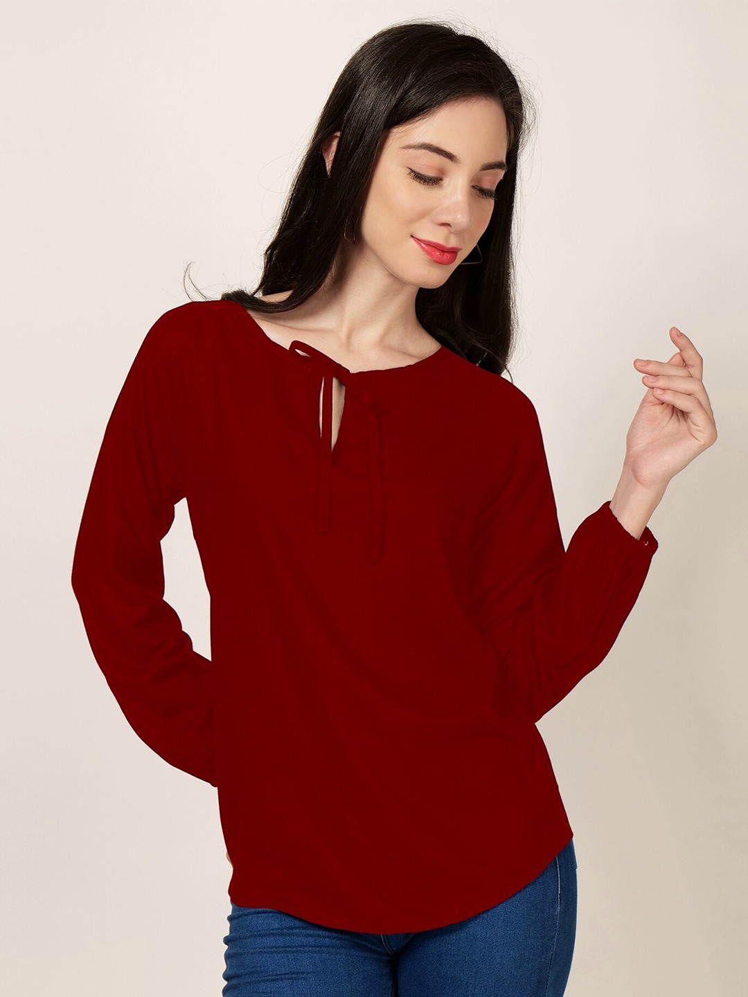 

PATRORNA Tie-Up Neck Raglan Sleeves Top, Maroon