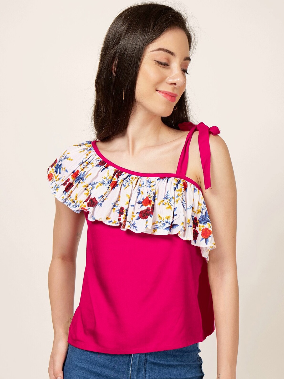 

PATRORNA Floral Printed One Shoulder Ruffle Cotton Top, Pink