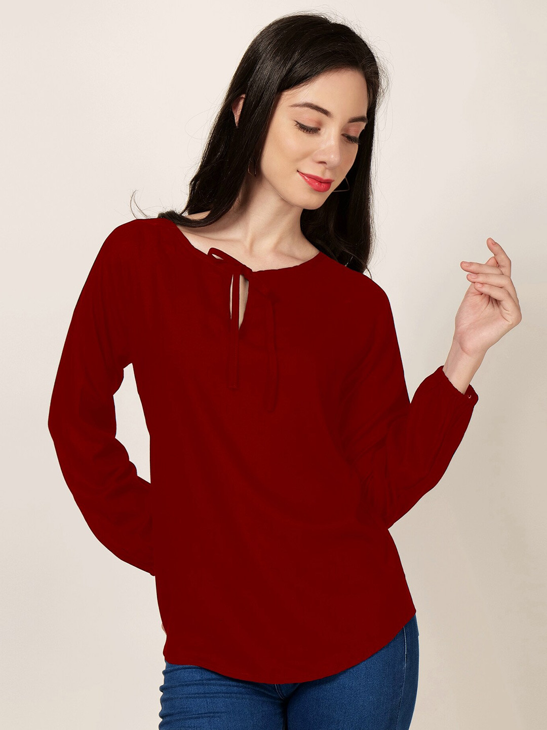 

PATRORNA Tie-Up Neck Raglan Sleeves Top, Maroon