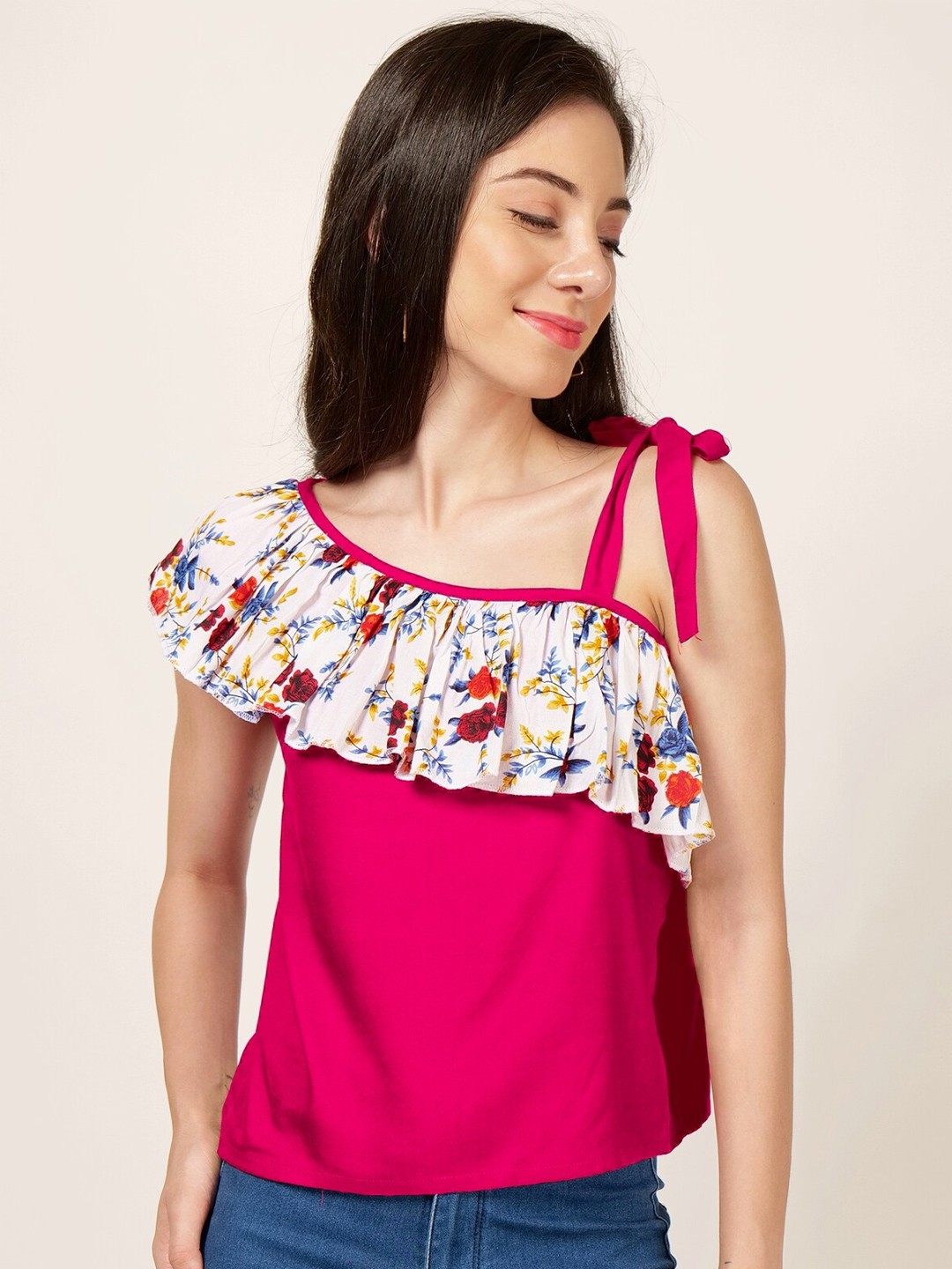 

PATRORNA Floral Printed One Shoulder Ruffles Top, Pink