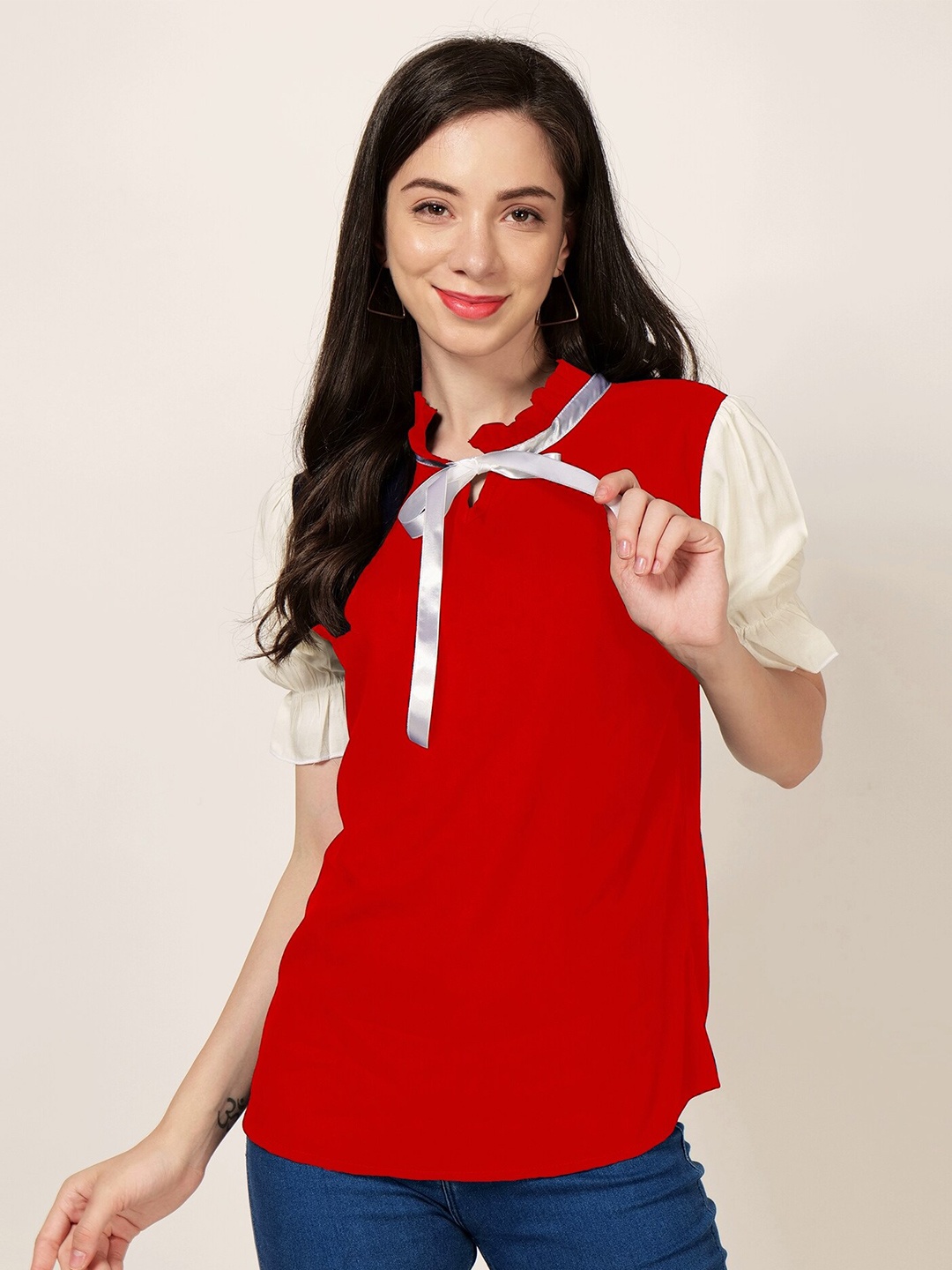 

PATRORNA Tie-Up Neck Puff Sleeves Cotton Top, White