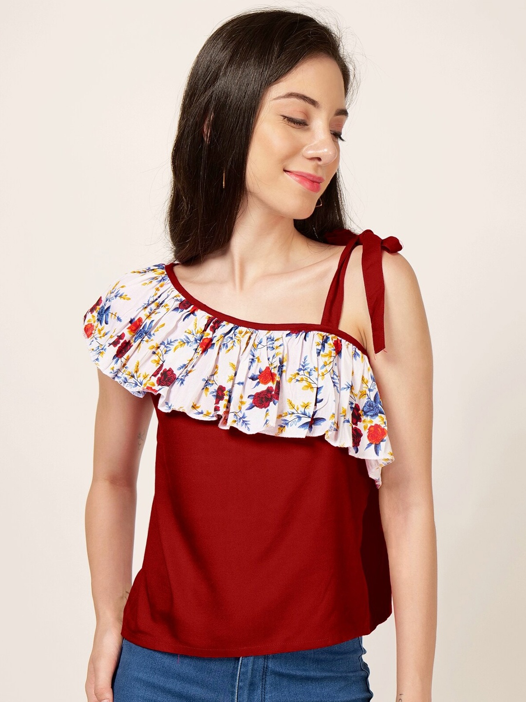 

PATRORNA Floral Printed One Shoulder Ruffles Top, Maroon
