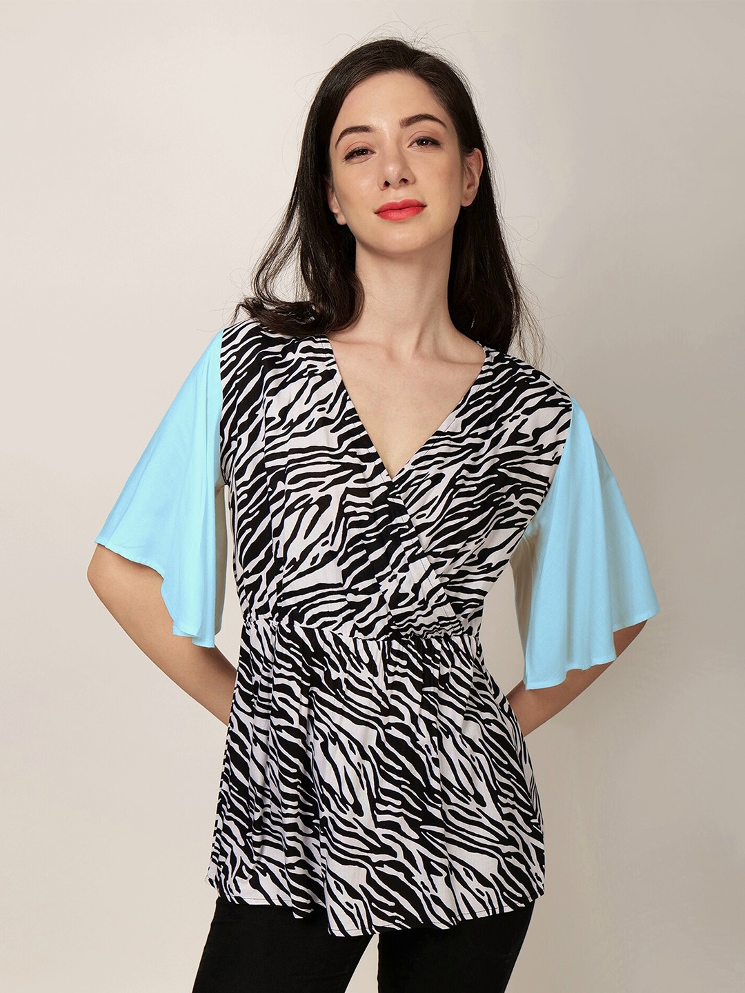 

PATRORNA Abstract Printed Flared Sleeve Cotton Wrap Top, Blue