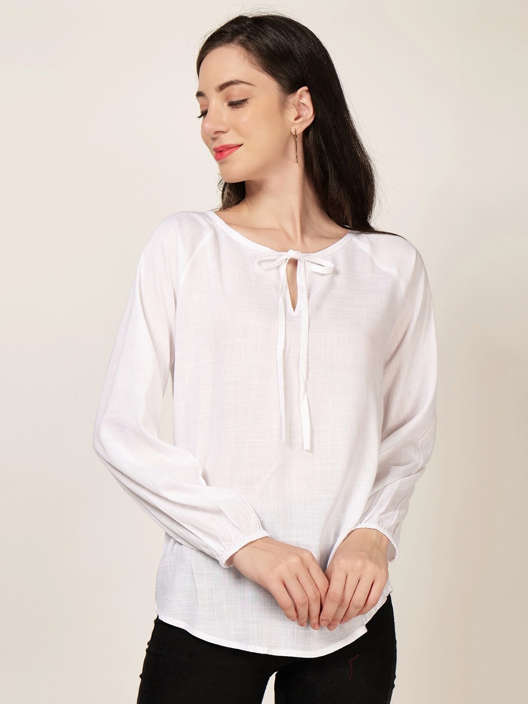 

PATRORNA Tie-Up Neck Puff Sleeves Top, White
