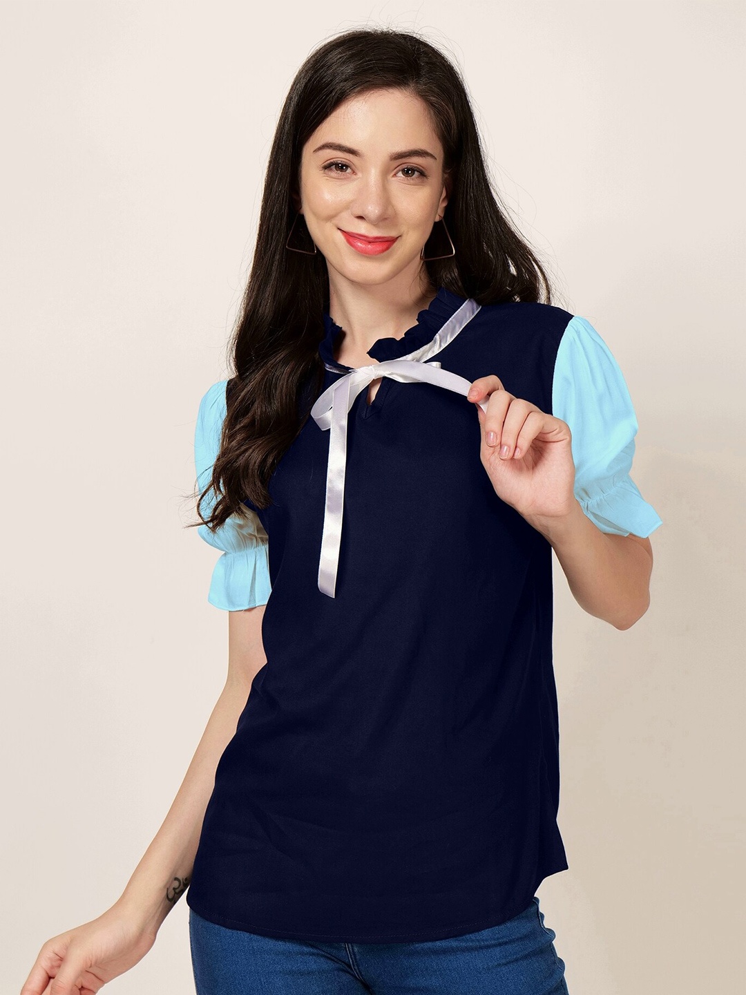 

PATRORNA Tie-Up Neck Puff Sleeves Cotton Top, Blue