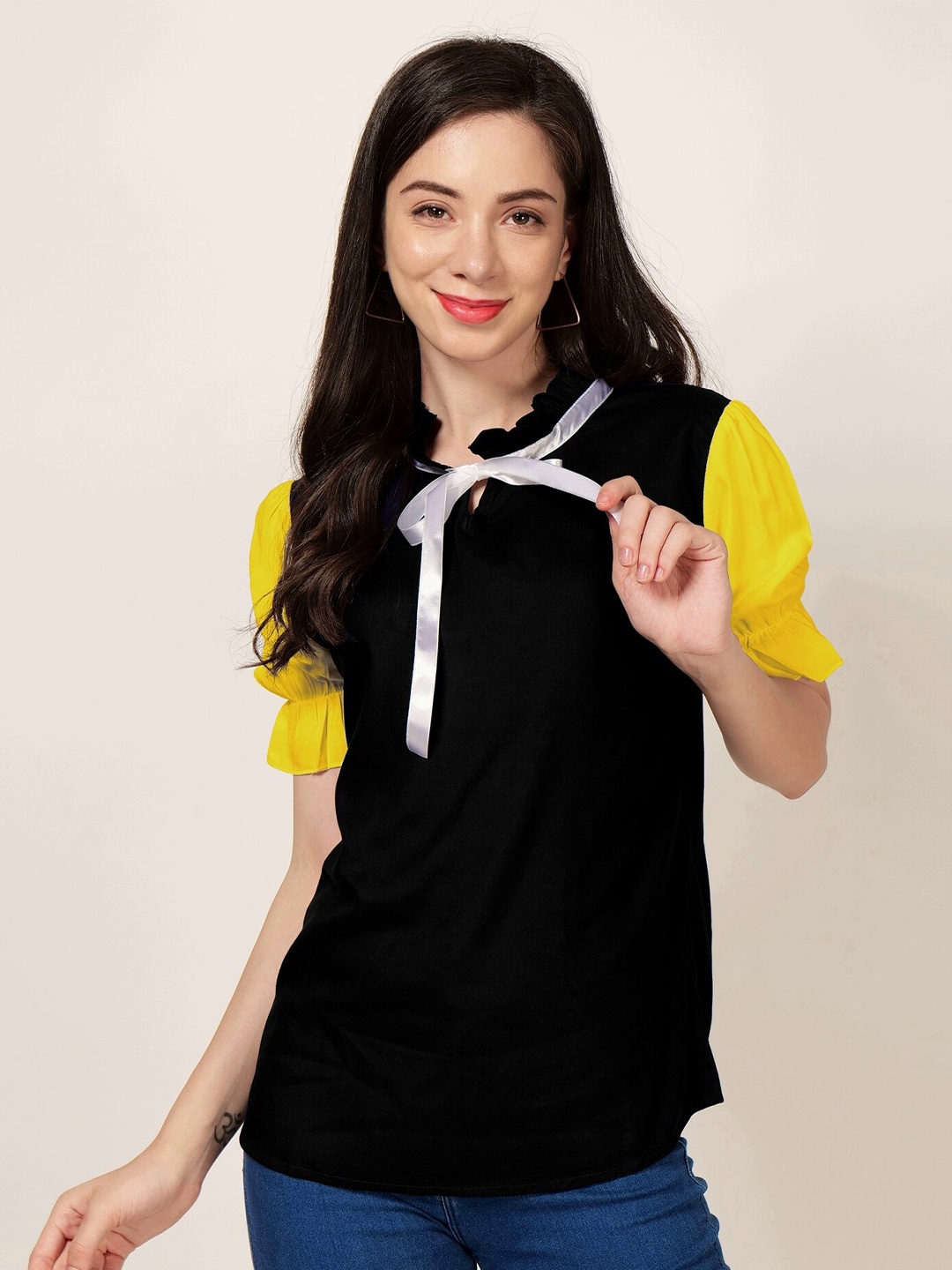 

PATRORNA Tie-Up Neck Puff Sleeves Cotton Top, Yellow