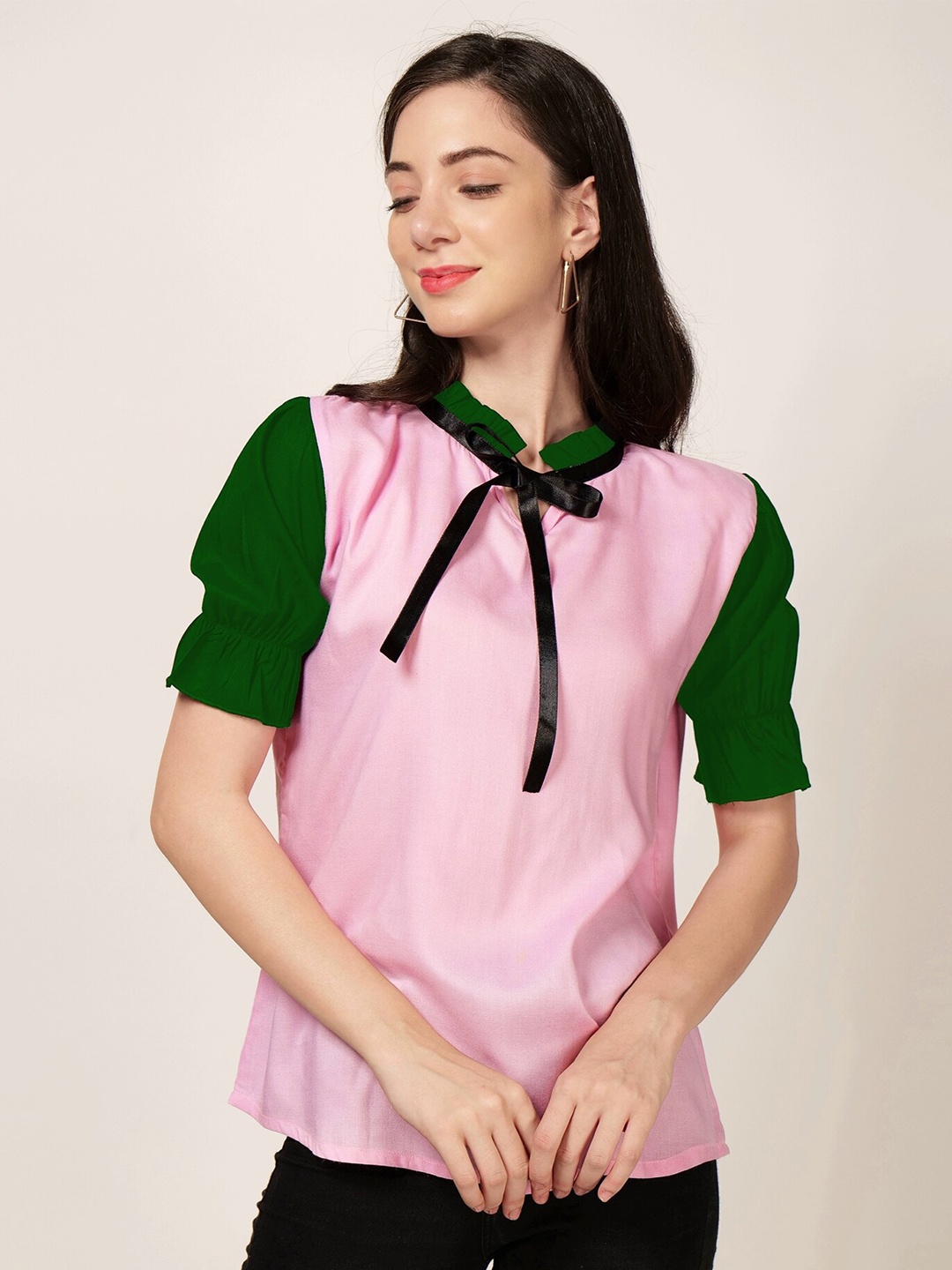

PATRORNA Colourblocked Tie-Up Neck Puffed Sleeves Top, Pink