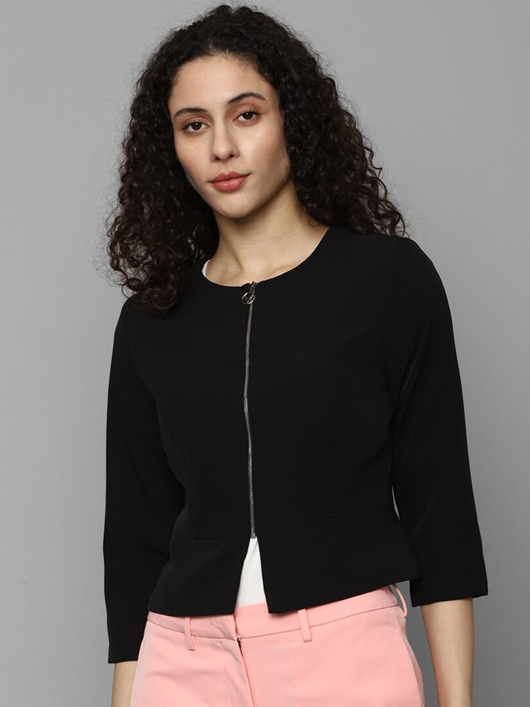 

Allen Solly Woman Collarless Crop Tailored Jacket, Black