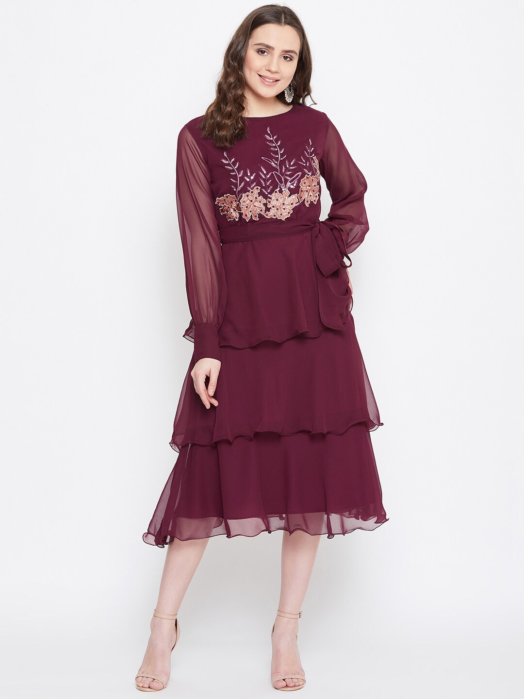 

Bitterlime Floral Embroidered Sequined Fit & Flare Midi Dress, Burgundy