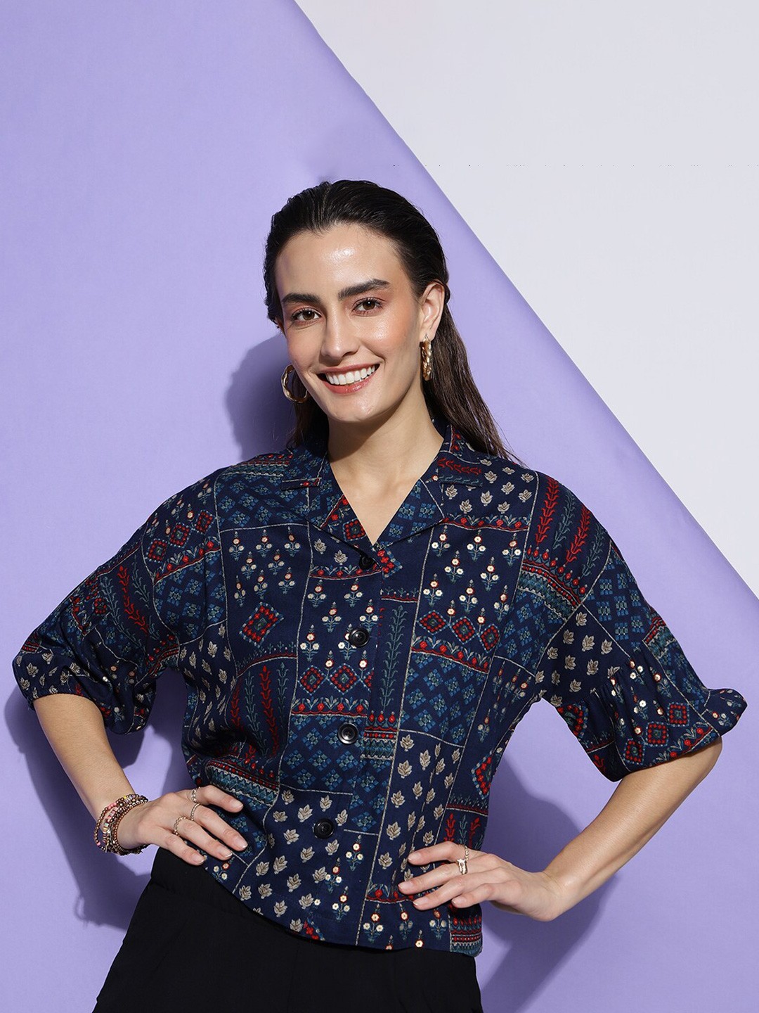 

HERE&NOW Standard Fit Ethnic Motifs Printed Puff Sleeves Casual Shirt, Blue