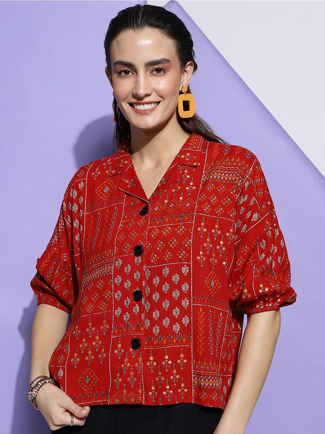 

HERE&NOW Standard Fit Ethnic Motifs Printed Puff Sleeves Casual Shirt, Red