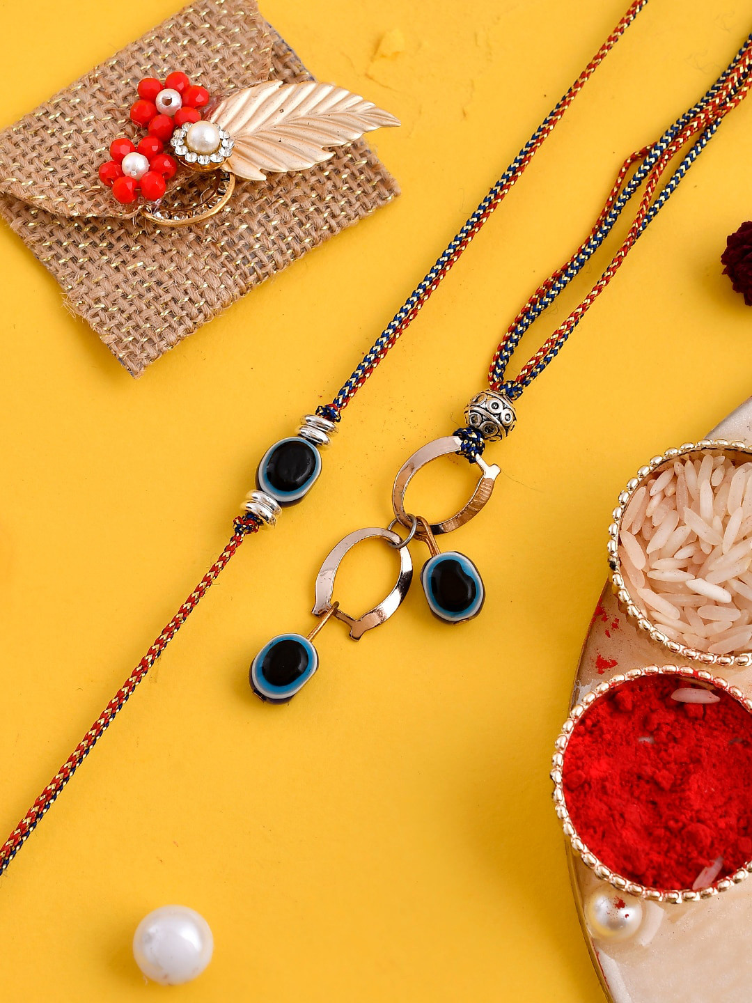 

Aapno Rajasthan Unisex Set of 2 Rakhis with Roli Chawal and Card, Blue