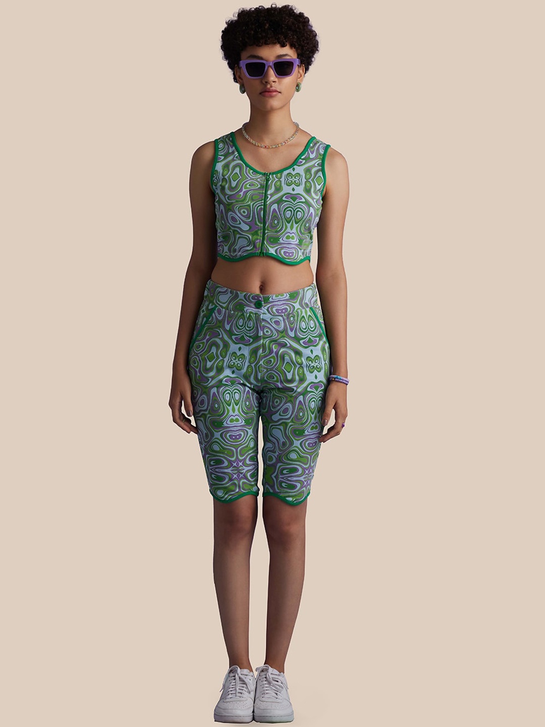 

Muvazo Women Slim Fit Abstract Printed Rapid Dry Cotton Shorts, Blue