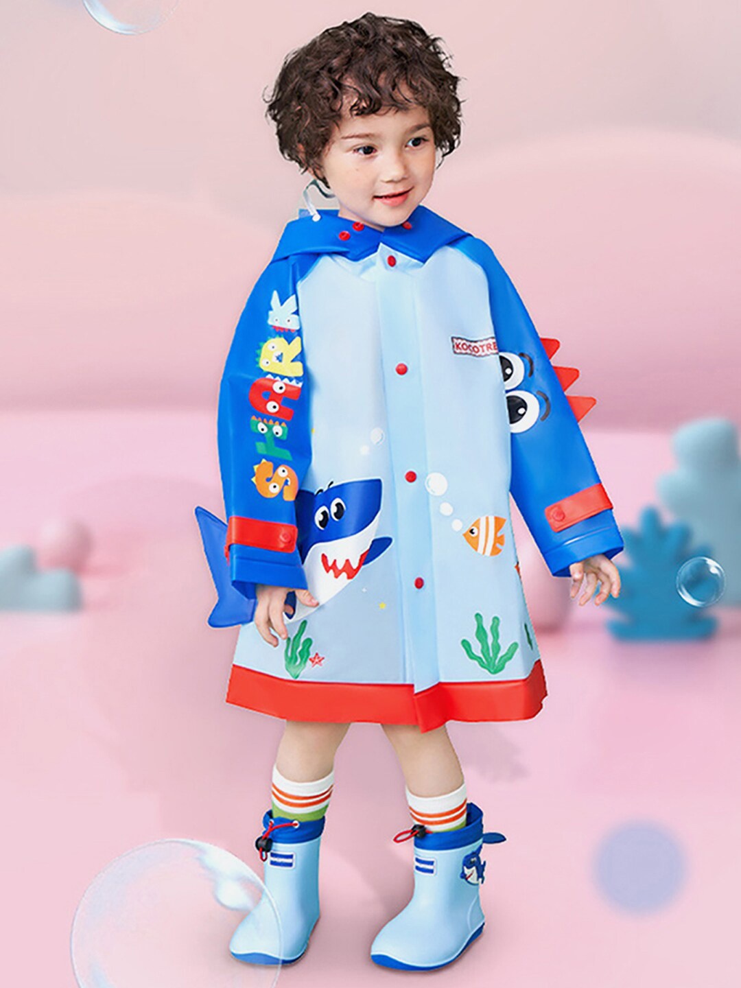 

Little Surprise Box LLP Kids Printed 3d Applique Detail Hooded Rain Jacket, Blue