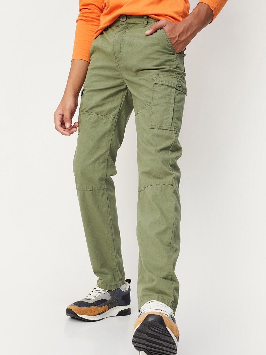 

max Boys Mid-Rise Pure Cotton Cargo Trousers, Green