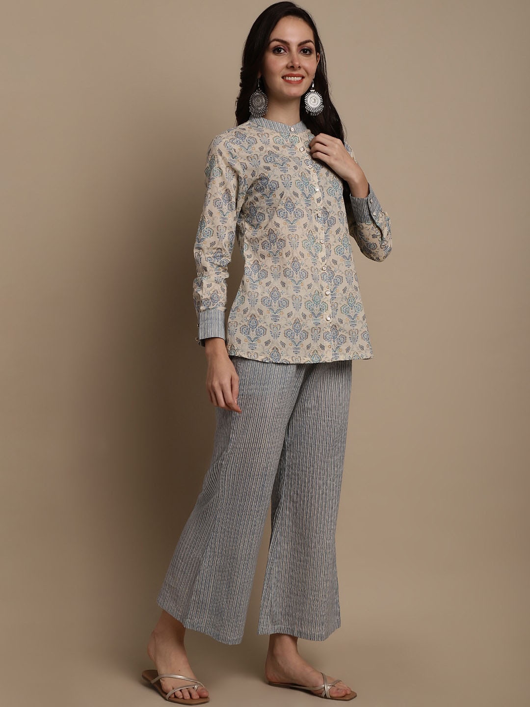 

Claura Printed Pure Cotton Tunic With Palazzo, Beige