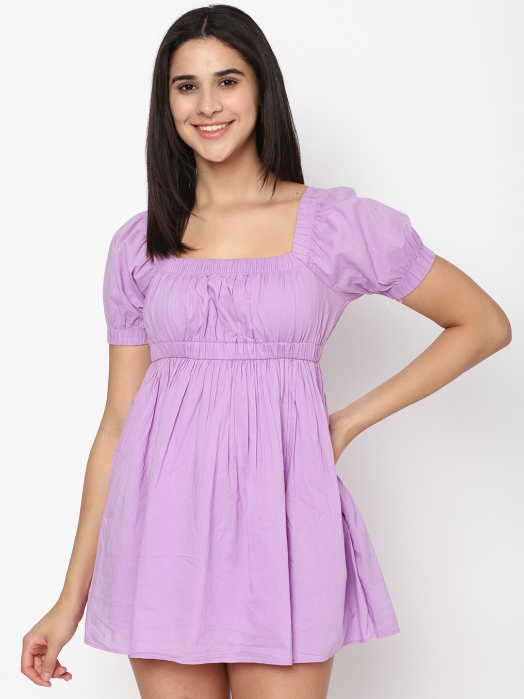 

AMERICAN EAGLE OUTFITTERS Square Neck Puff Sleeve Fit & Flare Pure Cotton Mini Dress, Purple