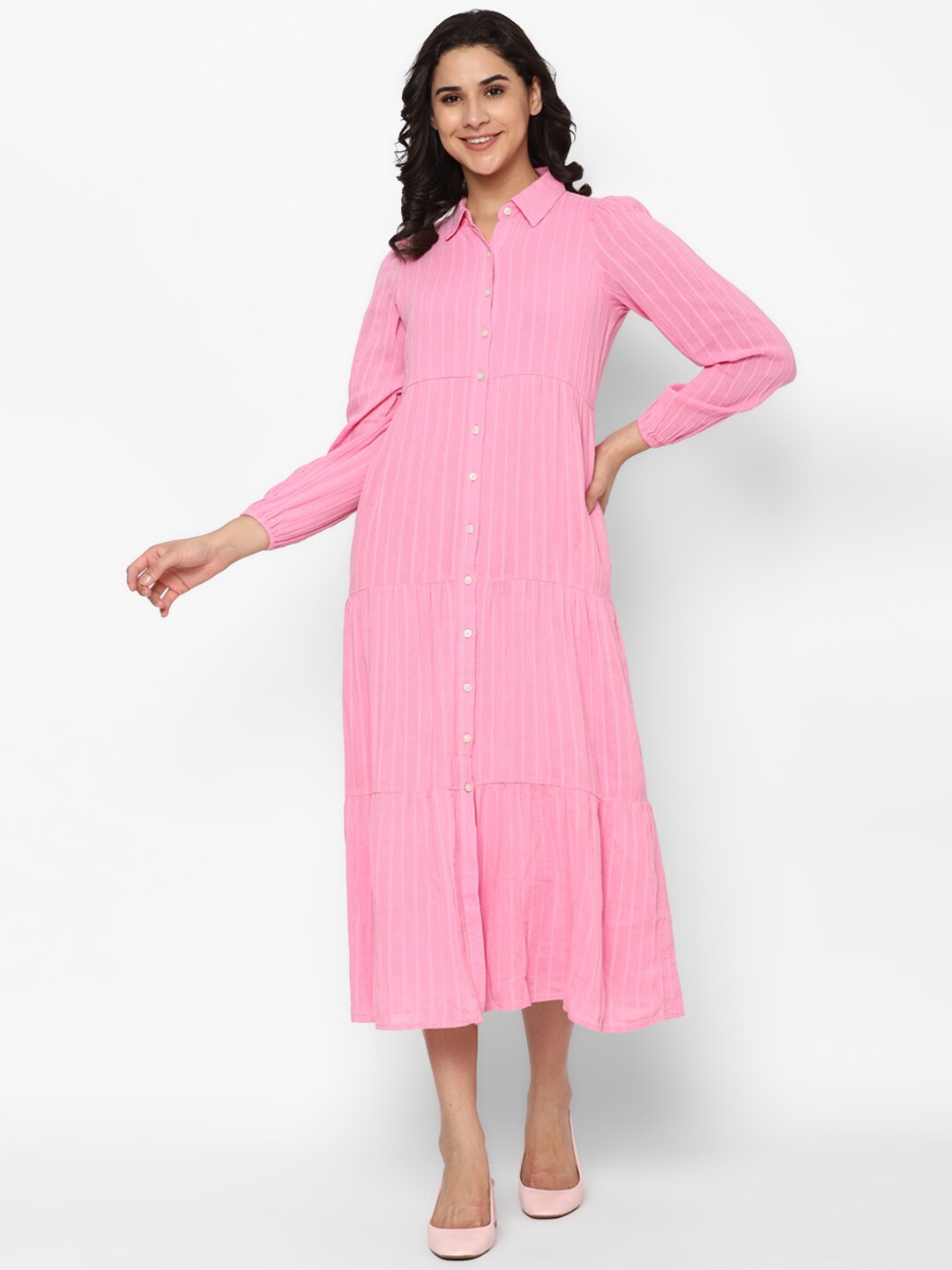 

AMERICAN EAGLE OUTFITTERS Striped Shirt Collar Puff Sleeves Cotton Midi Dress, Pink