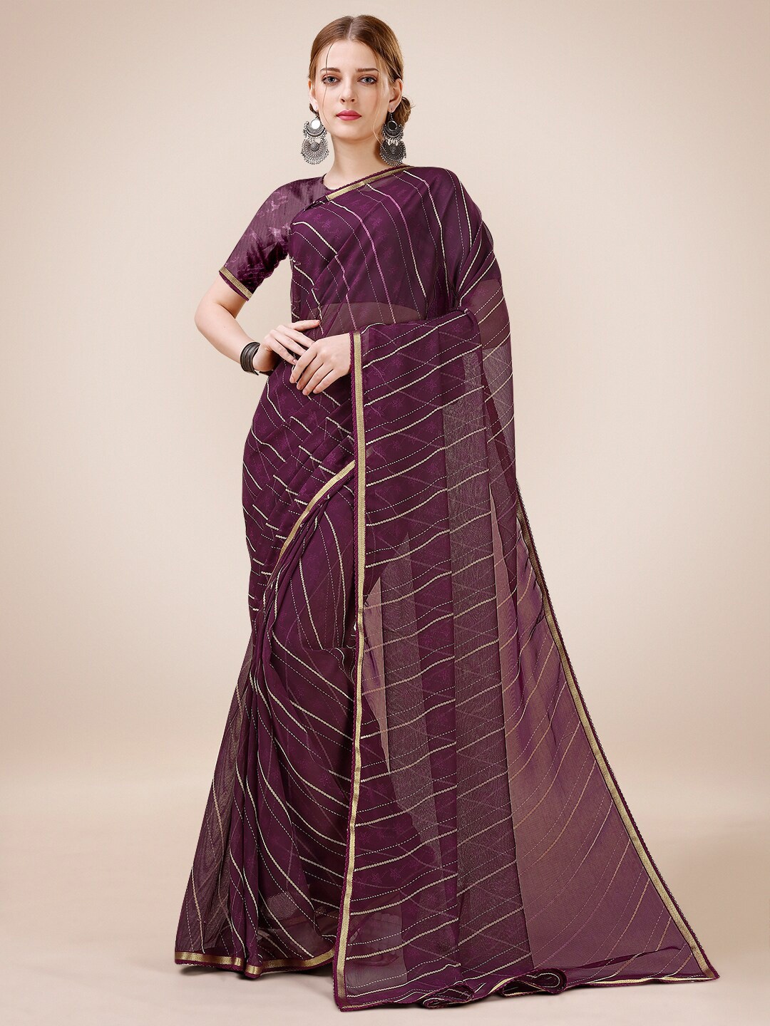 

Dori Striped Pure Chiffon Saree, Purple