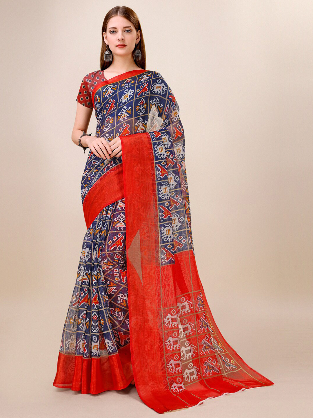 

Dori Ethnic Motifs Printed Silk Cotton Saree, Navy blue