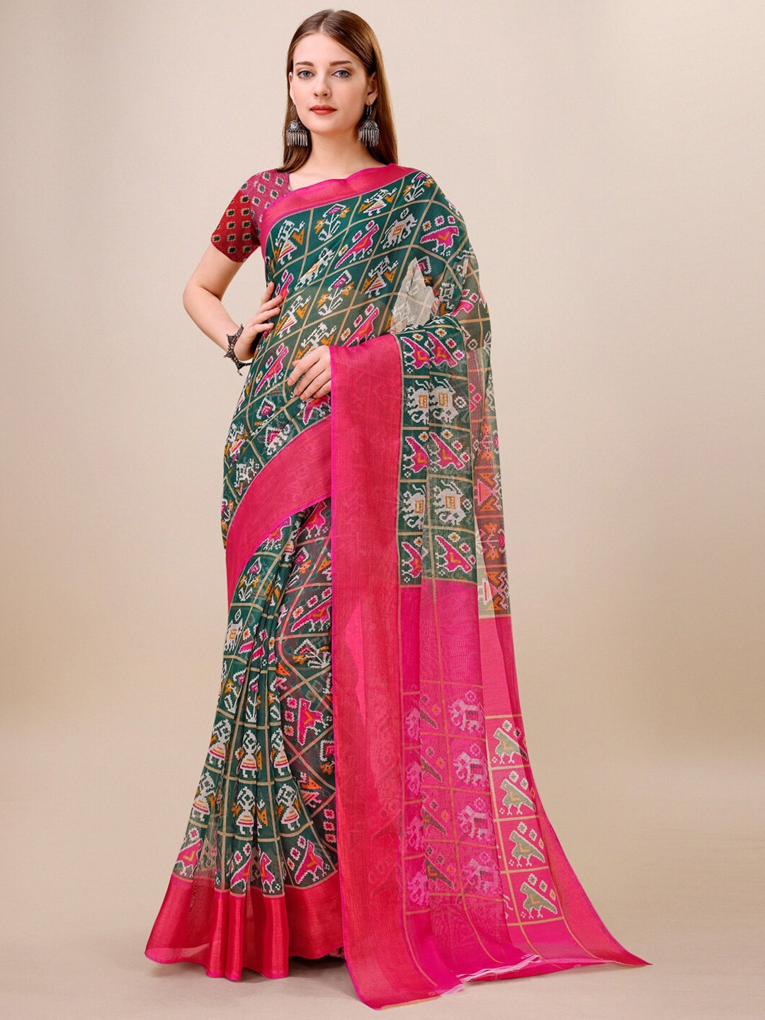 

Dori Ethnic Motifs Printed Silk Cotton Saree, Green