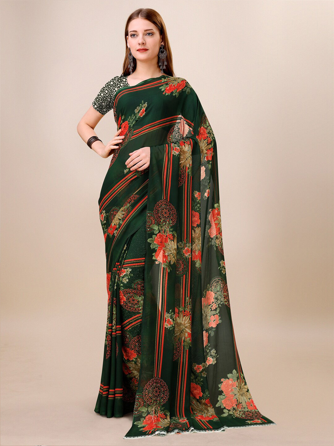 

Dori Floral Printed Pure Georgette Saree, Green
