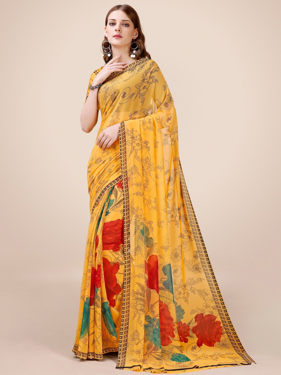 

Dori Floral Printed Pure Georgette Saree, Yellow