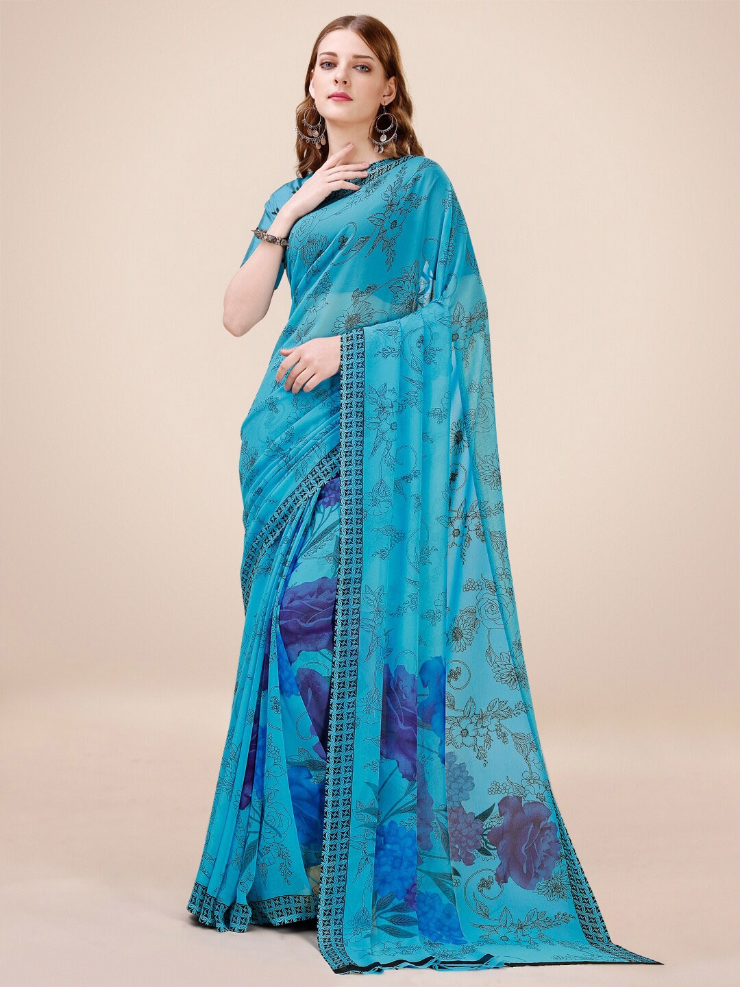 

Dori Floral Printed Pure Georgette Saree, Blue