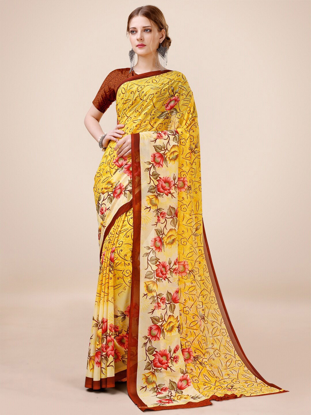 

Dori Floral Printed Pure Georgette Saree, Yellow