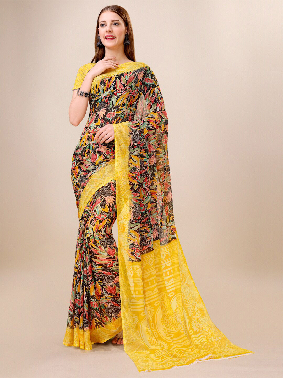 

Dori Floral Printed Pure Georgette Saree, Yellow