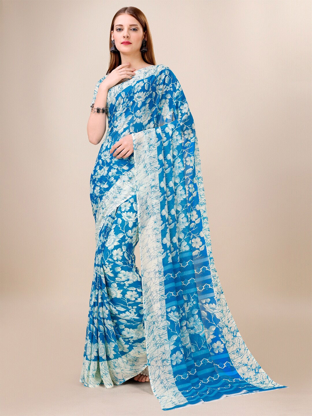 

Dori Floral Printed Pure Georgette Saree, Blue