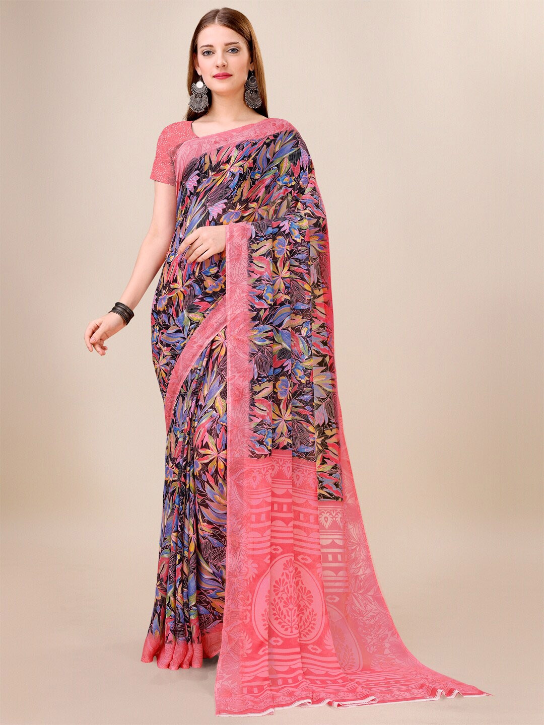 

Dori Floral Printed Pure Georgette Saree, Pink