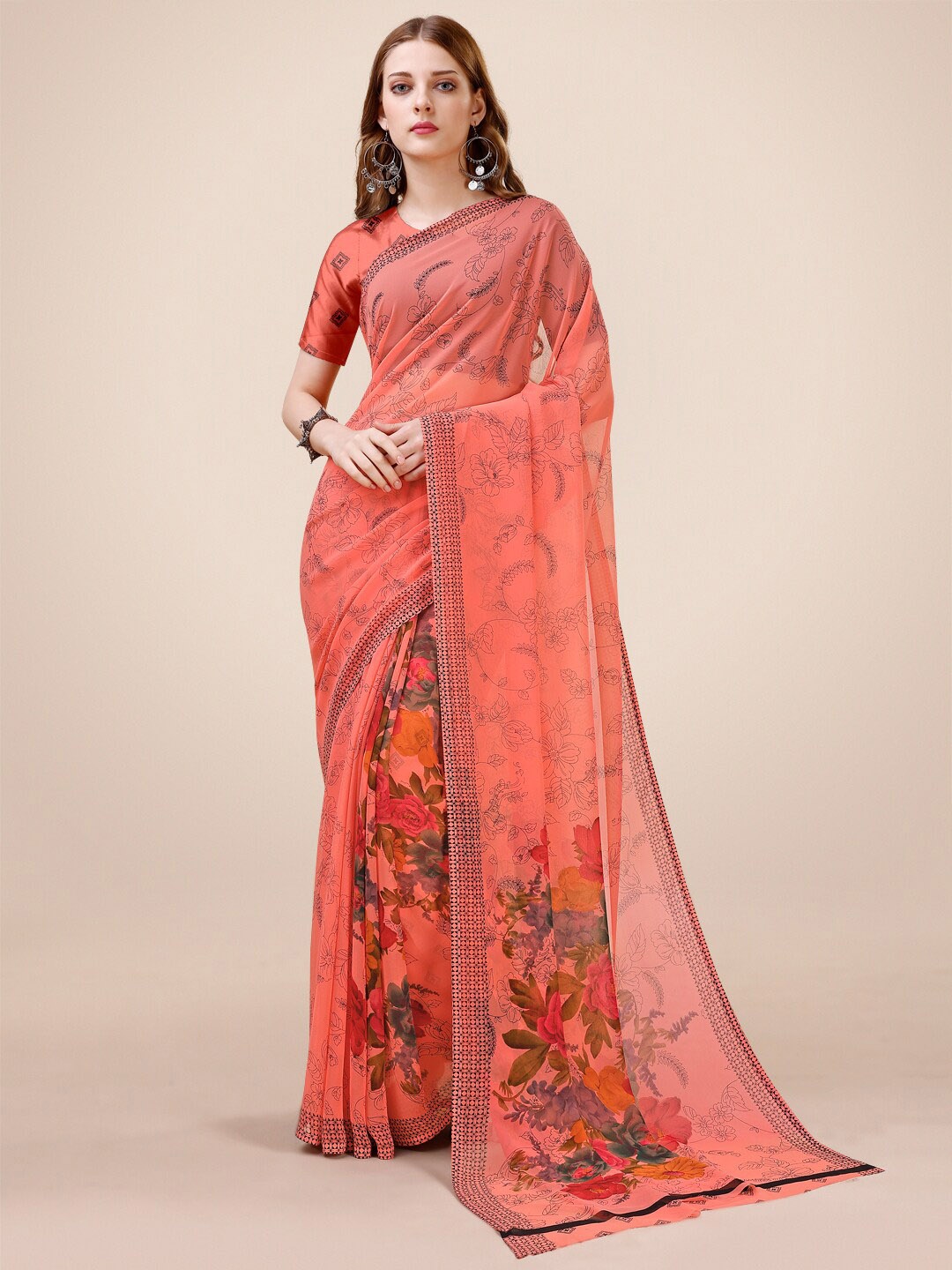 

Dori Floral Printed Pure Georgette Saree, Peach