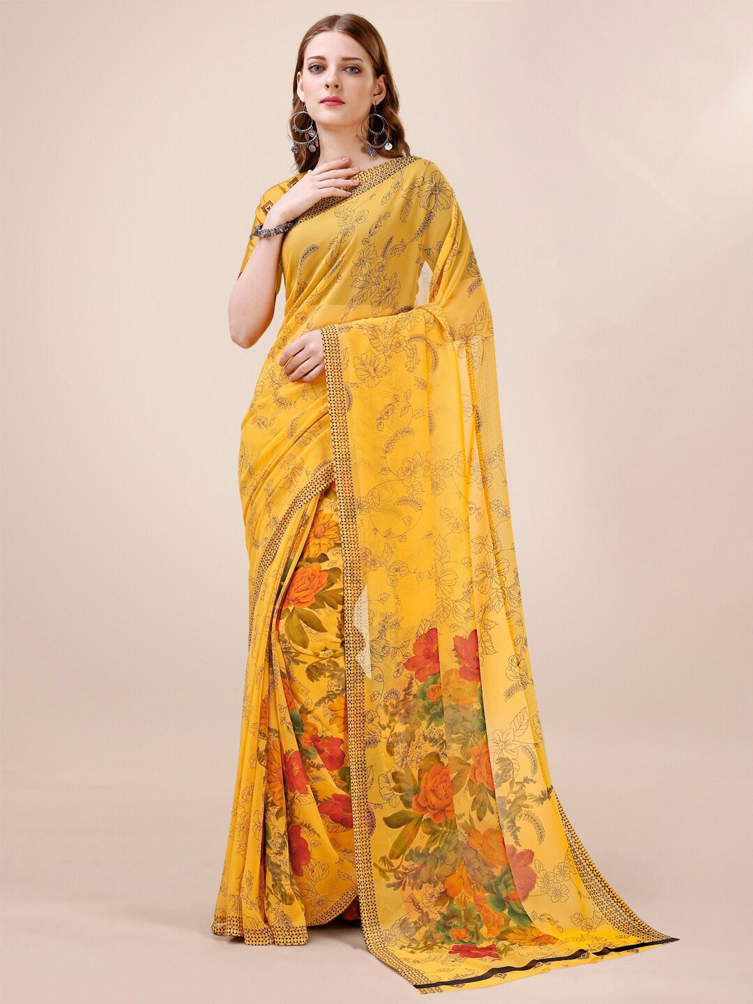 

Dori Floral Printed Pure Georgette Saree, Yellow