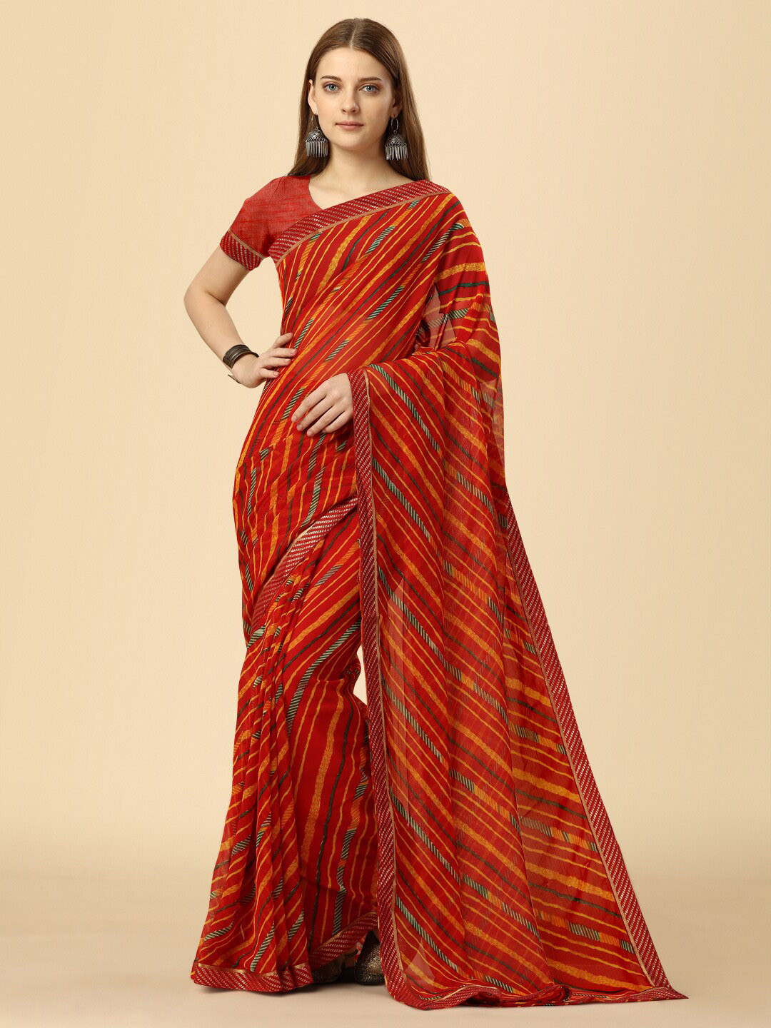 

Dori Striped Pure Chiffon Saree, Red
