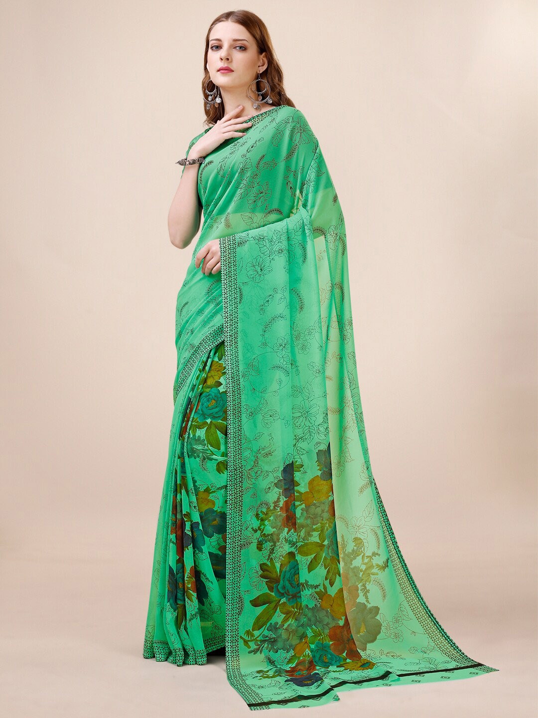 

Dori Floral Printed Pure Georgette Saree, Green